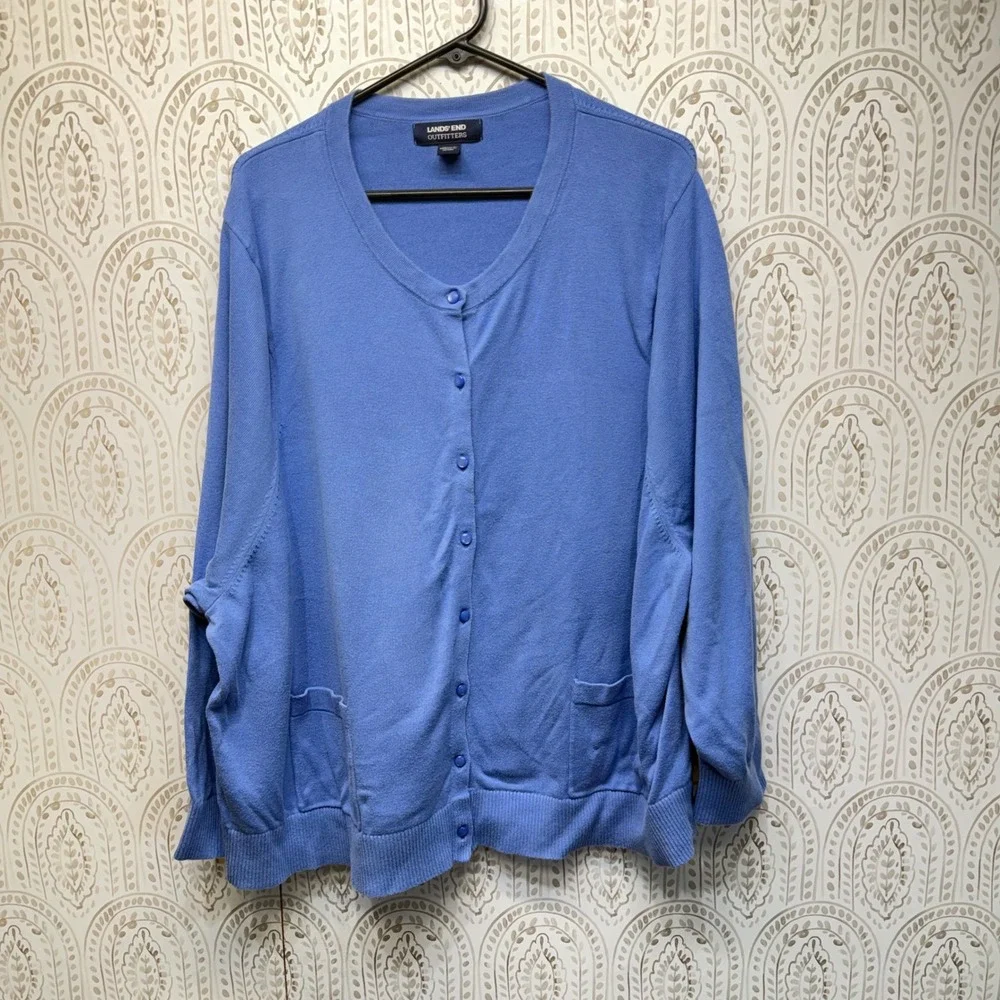Lands' End Cardigan Sweater Women 5X Blue‎ Cotton Modal Knit Button Front Pocket